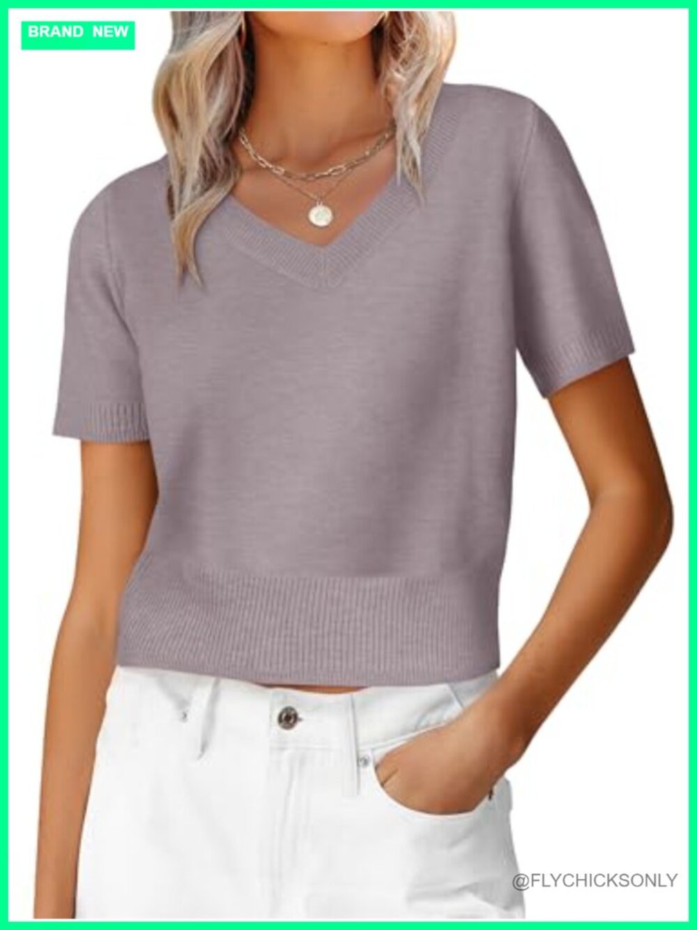 Women's Cropped V-Neck Short Sleeve Ribbed Knit Pullover Sweater